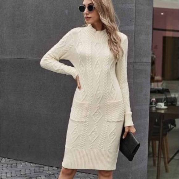 Beige High Neck Textured Bodycon Sweater Dress - Picture 6 of 14